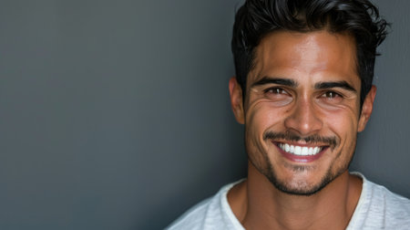 A close-up portrait of a handsome Latino model smiling.の素材