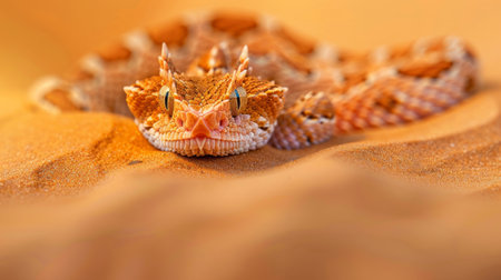 A desert viper stares intently, camouflaged in the sand.の素材