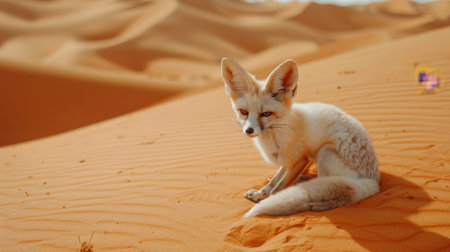 A Fennec fox sits in the sand dunes of the Sahara Desert.の素材