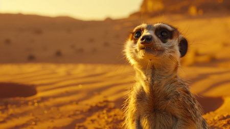 A meerkat stands tall, alert and curious, amidst the golden dunes of a desert landscape.の素材