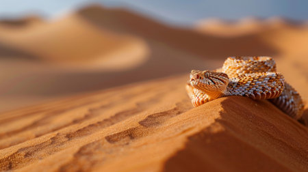 A desert viper rests on a sand dune in the early morning light.の素材