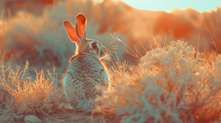A desert hare sits in the grass, bathed in the golden light of the setting sun.の素材
