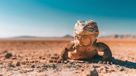A lizard basks in the sun in a dry, desert environment.の素材
