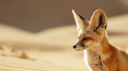 A Fennec fox sits in the desert, looking towards the horizon.の素材