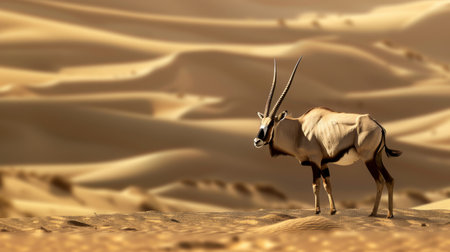 A lone oryx stands on a sandy dune in the Namib Desert.の素材