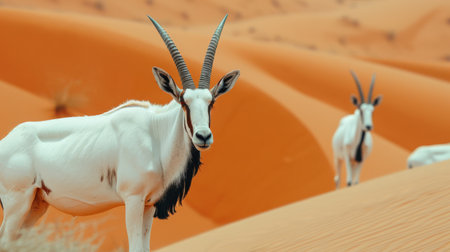 A white oryx stands in the desert, looking at the camera.の素材
