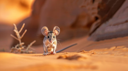 A desert mouse stands in the sand dunes, bathed in the warm light of the setting sun.の素材