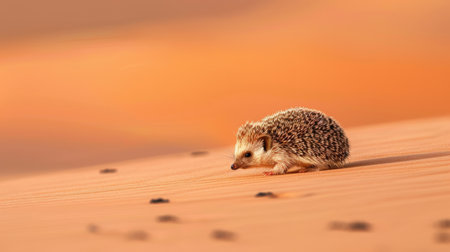 A desert hedgehog walks across sand dunes under a warm sunset.の素材