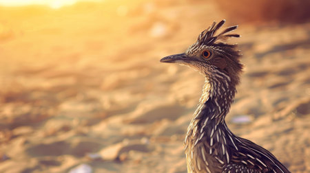 A roadrunner stands in a desert, looking towards the setting sun.の素材