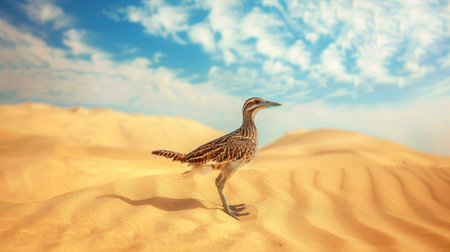 A lone bird navigates the vast, golden sand dunes under a clear blue sky.の素材