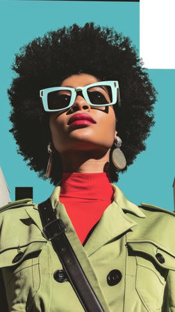 A stunning black woman with an afro, wearing sunglasses, a red turtleneck, and a green jacket.の素材