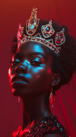 A portrait of a black woman wearing a crown, lit in red and blue light.の素材