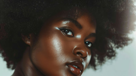 A stunning close-up portrait of a Black woman with a bold afro hairstyle.の素材