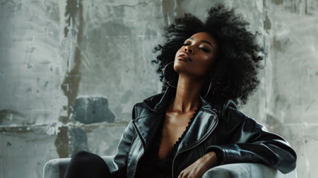 Black woman in leather jacket sits on a gray couch.の素材