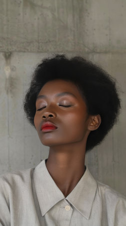 Close-up portrait of a black woman with an afro and red lipstick.の素材