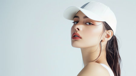 A woman in a white cap stares confidently towards the light.の素材