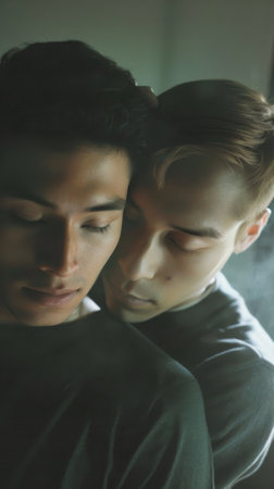A tender embrace between two young men in soft lighting.の素材