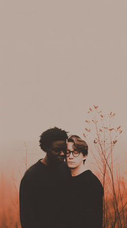 Two men embrace in a hazy sunset.の素材