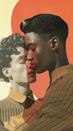 A close-up portrait of two men in a loving embrace.の素材