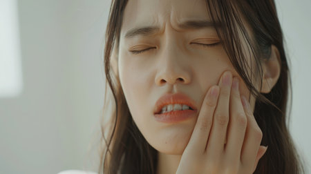 A woman suffering from a toothache, holding her cheek in pain.の素材