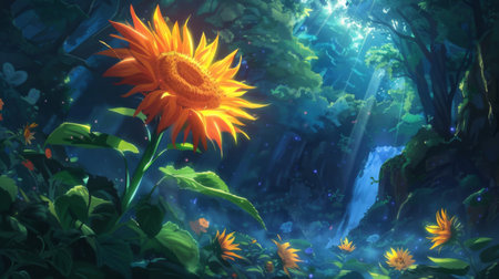 A vibrant sunflower stands tall amidst a lush forest, its petals reaching towards the sunlight.の素材