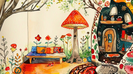 A cozy house nestled in a serene forest setting, surrounded by lush greenery and tall trees.の素材