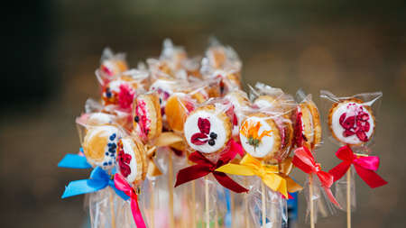 sweet candies with decorations at food marketの写真素材