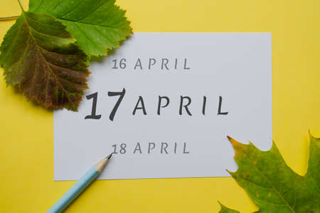 17 April day of month on a white sheet and dates of the day earlier and later, written in simple pencil. Decoration with green leaves and yellow background.の写真素材