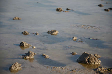 Muddy bottom of river with cracks. In the recesses of colored iceの写真素材