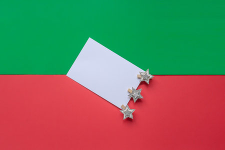 Christmas background white blank and silver stars. flat lay compositionの写真素材