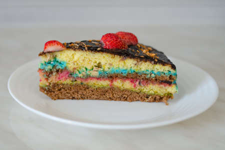 A piece of biscuit cake with multi-colored cream and chocolate icing, decorated with strawberries. Delicious holiday pastries on white plate selective focusの写真素材