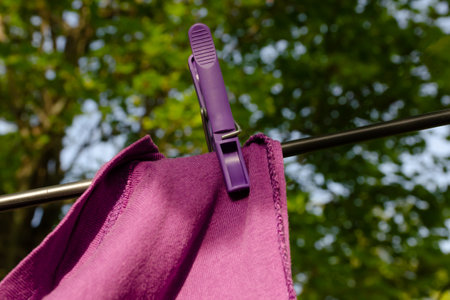 A lilac T-shirt with lilac clothespin dries on a clothesline outside. Clothes are dried on a summer sunny day against the backdrop of a forestの写真素材