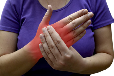 The woman has a sore arm. Pain in the palm, red spot, isolated.の写真素材