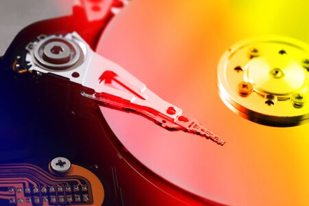 A close up macro of an opened harddrive