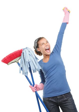 Woman done cleaning being very excited and happy. Beautiful mixed race asian / caucasian model isolated on white background. の写真素材