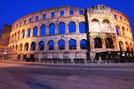 The Roman Amphitheater of pula, Croatia at night. の写真素材