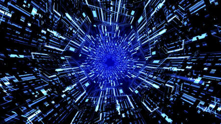 3D Abstract Futuristic Digital Circuit Board Tunnel HUD with Glowing Light Blue Vibrance Color Waves Background Ver.2の写真素材