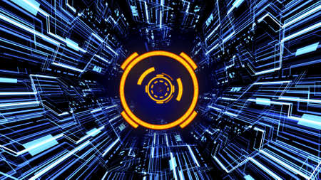 3D Abstract Futuristic Digital Circuit Board Tunnel HUD including Energy Circles with Glowing Light...