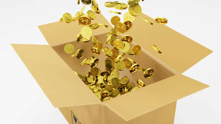 3D Rendered a number of Golden Dollars Coins Falling into Brown Package on White Background Still...