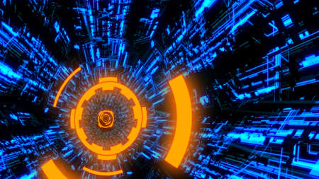 3D Digital Circuit System Tunnels and Waves with Digital Circles in the middle in Orange-Blue color theme Ver.3の写真素材