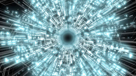 3D Digital Circuit System Tunnel with Glowing Light Waves Abstract Background Ver.3