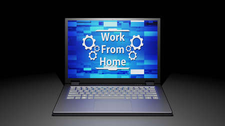 8K 3D rendered isolated Laptop with Work From Home Abstract Screen Display on the floor in the Dark...