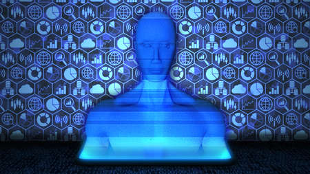 8K 3D Rendered AI/Human Hologram projected from Smartphone on the floor with Big Data Technology...