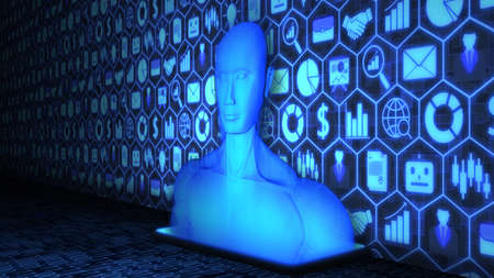 8K 3D Rendered AI/Human Hologram projected from Smartphone on the floor with Business and Technology...