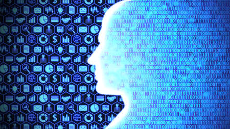 8K Glowing AI Head Silhouette Computing and Thinking Business and Technology including Icon Set and Binary Code Background ver.1 (full view)の写真素材