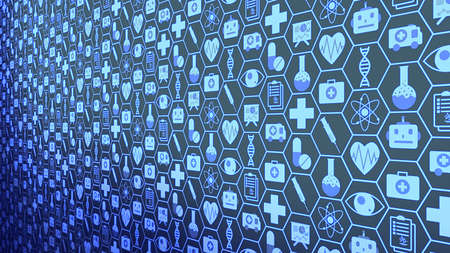 Medical Technology Big Picture Background HUD Composed of Medical Icons Set with Blue Light ver.3の写真素材