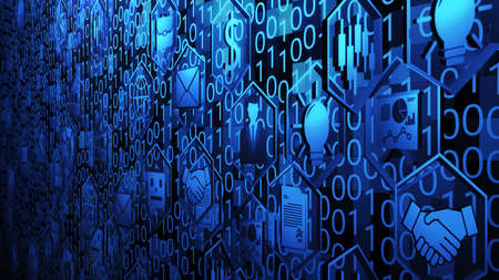 8K 3D Business and Technology Icons Spin in Hexagon Border and Hovering on The Random Binary Code...