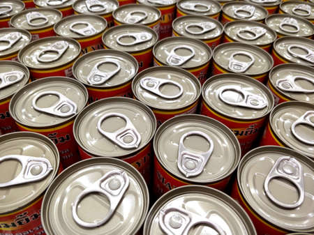 Bangkok, THAILAND - March 05, 2019: Group of Aluminum drink cans, top viewのeditorial素材