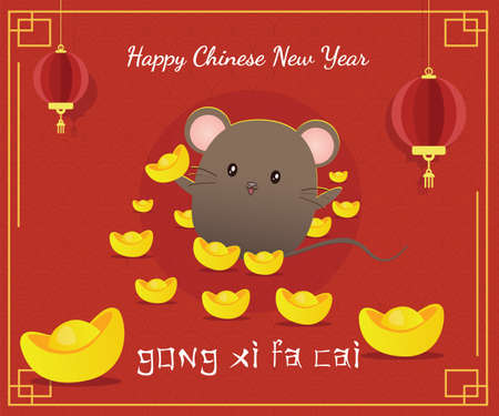 Happy Lunar New Year Gong Xi Fa Cai with cute and rich rat characterのイラスト素材