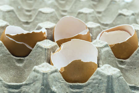 Chicken eggs in carton box on white background.の写真素材